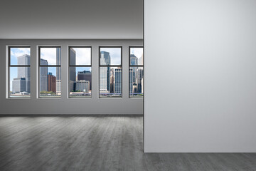 Wall Mural - Empty room with blank wall and city view through windows. 3D Rendering