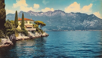 A vintage postcard of the Italian coast with mountains in the background