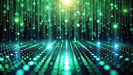 Abstract binary code with green glowing light bokeh on dark background Wide-Angle