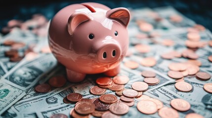 A piggy bank surrounded by dollar bills and coins, representing the concept of wealth accumulation and personal finance.