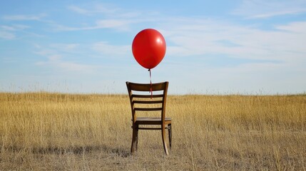 A single red balloon tied to a wooden chair in an open field, symbolizing freedom and joy in a peaceful setting