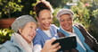 © KayExam/peopleimages.com - Caregiver, senior women and selfie for photography, social media or networking app in retirement. Elderly people, memory and smile with patient as nurse for support, bonding or garden in nursing home