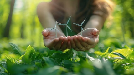 Hands gently holding miniature wind turbines, symbolizing clean energy.