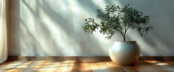 Wall Mural - A potted plant with green leaves sits on a wooden floor, bathed in sunlight streaming through a window.