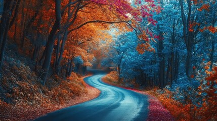 Wall Mural - A narrow road weaving through a dense forest of electric blue autumn trees, their branches arching over the road, creating a canopy of swirling colors