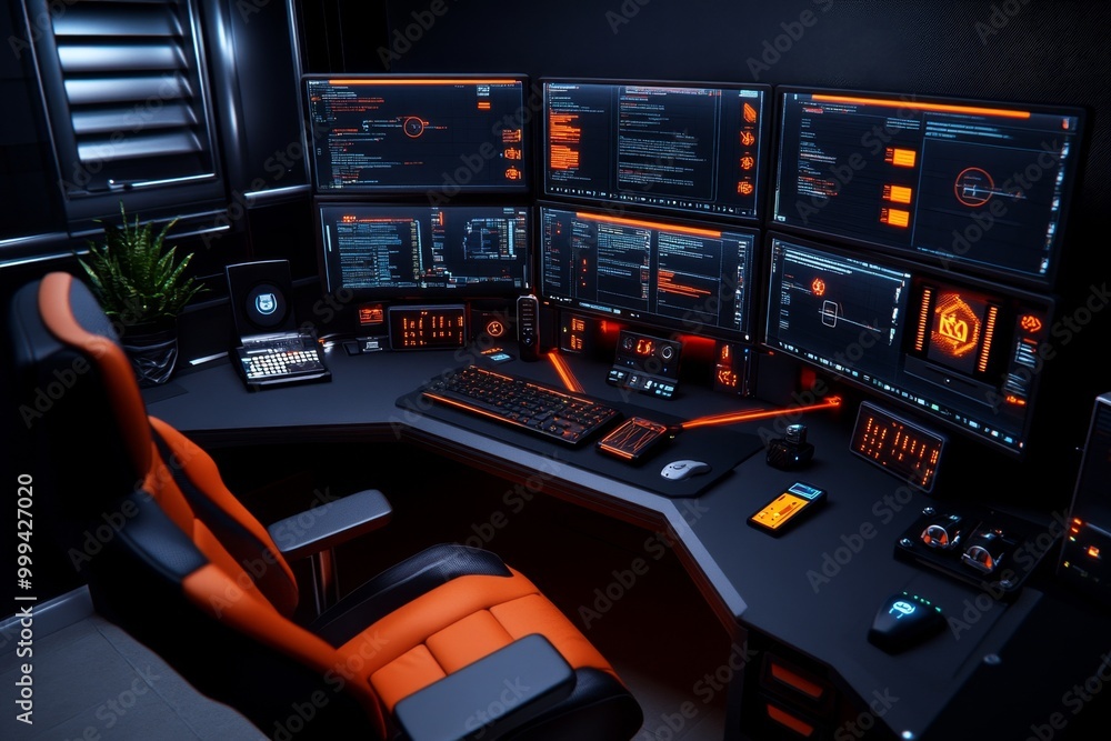 Interactive 3D model of a hackerâ€™s workstation, showing multiple ...