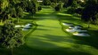 © Suphot - Aerial view of a beautifully manicured golf course with sand traps and lush greenery.