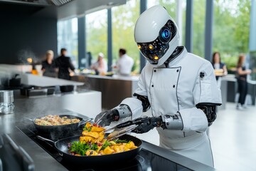 Robotic chef preparing food in a high-tech kitchen, using precision and speed to cook gourmet dishes, representing the future of culinary automation