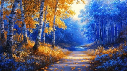 Wall Mural - A peaceful trail through a forest of vibrant blue trees, their autumn leaves glowing in the fading light of the setting sun, with a river flowing nearby