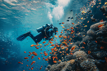 Beautiful diver goes on an underwater adventure in frighteningly deep sea