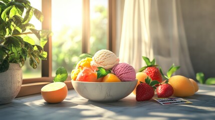 Wall Mural - Vibrant Fruit Bowl on Windowsill with Lush Greenery