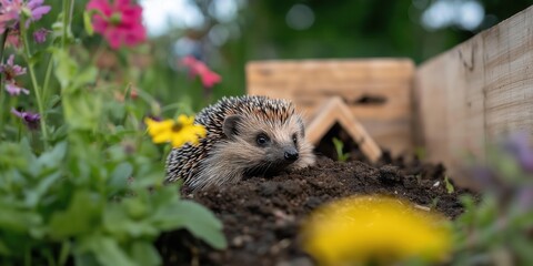 a hedgehog resting next to a compost heap in a vibrant urban garden, surrounded by wildflowers and a