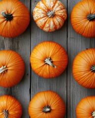 Sticker - Closeup of a variety of orange pumpkins arranged on a wooden surface