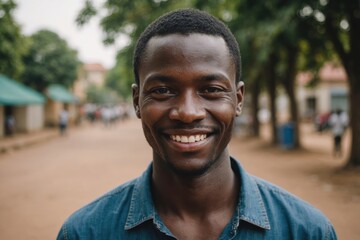 Wall Mural - Close portrait of a smiling young Beninese man looking at the camera, Beninese outdoors blurred background