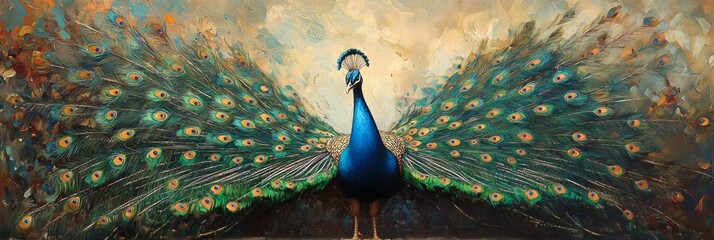 Wall Mural - Peacock in Bloom, vibrant peacock showcasing its iridescent feathers amidst a softly blurred garden backdrop, captivating elegance and color