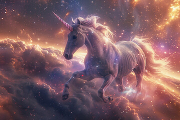 Fantastically beautiful mythological pink unicorn with long horn