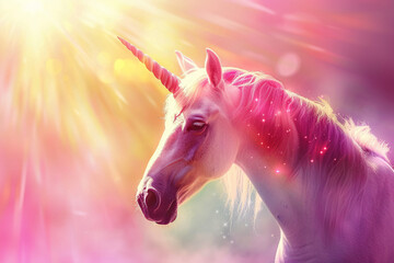 Fantastically beautiful mythological pink unicorn with long horn