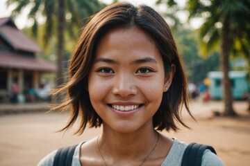 Wall Mural - Close portrait of a smiling young Cambodian woman looking at the camera, Cambodian outdoors blurred background