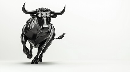 Wall Mural - Black Bull Charging Forward on White Background