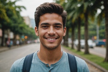 Close portrait of a smiling young Colombian man looking at the camera, Colombian outdoors blurred background