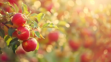 A close-up of ripe red apples hanging on a tree branch in a vibrant orchard.