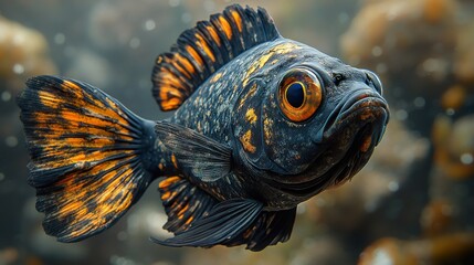 Wall Mural - Close-Up of a Black and Orange Fish with Striking Fins