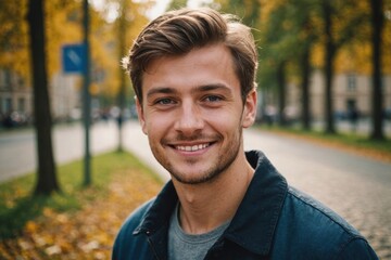 Close portrait of a smiling young Czech man looking at the camera, Czech outdoors blurred background