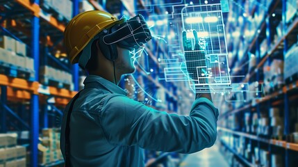 Wall Mural - A worker in a warehouse uses VR technology to interact with digital data.