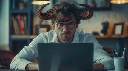 Poster - A man with horns on his head is sitting at a desk with a laptop.