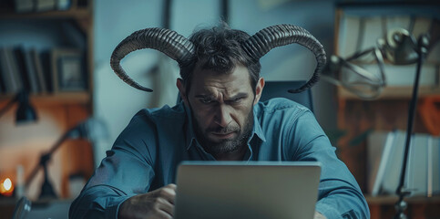 Poster - A man with horns on his head is sitting at a desk with a laptop.