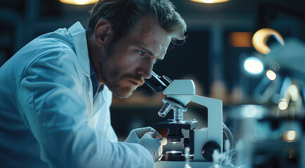 Aufkleber - Scientist in a white lab coat looking into a microscope in a lab. new technologies and discoveries.
