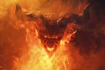 Scary sinister devil is in hell with bright fire lighting on the background