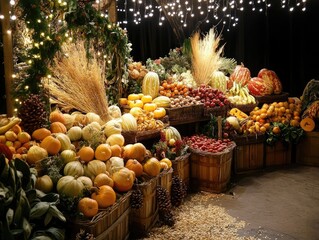 Wall Mural - autumn harvest decorations with organic produce and festive lighting