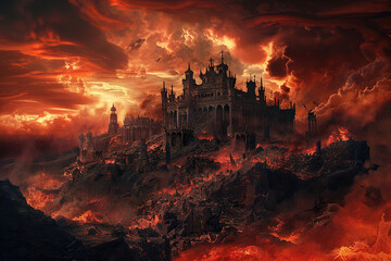 Wall Mural - Scary sinister devil is in hell with dramatic fire lighting on the background