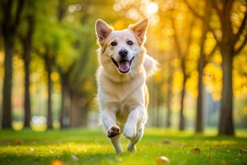 Poster - Golden retriever running happily through forest