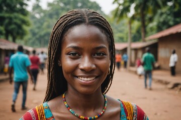 Close portrait of a smiling young Guinea-Bissauan woman looking at the camera, Guinea-Bissauan outdoors blurred background