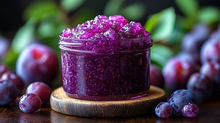 Close-up of homemade plum jam in a glass jar with fresh plums around it on a wooden table.