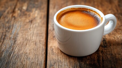 A close up of a white coffee cup filled with espresso on a wooden table.