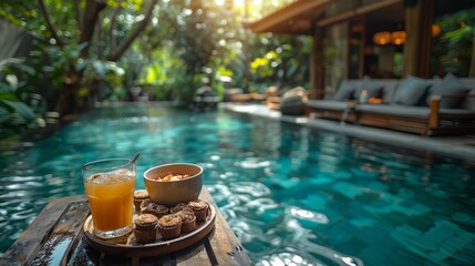 A glass of juice is on a table next to a plate of food