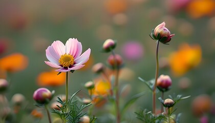 Wall Mural - Isolated flower amidst budding companions, showcasing unique growth stage and distinct beauty in a vibrant field