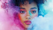 © remake - Fashion portrait young african american woman with bright make up. Beautiful girl with colorful cosmetics, stylish hair, and face standing background. Fashionable model with glamour lips and cute.