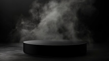 Round black podium with smoke on dark background, mock up for montage and products display