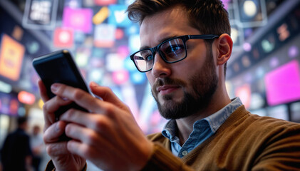 man using mobile phone in night city. Businessman standing, looking smartphone. Communication technology, modern internet connection. Happy person social media. Urban background, evening light.