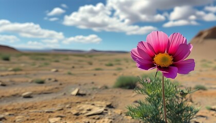 Wall Mural - Vibrant Flower Blooms in Barren Landscape, Symbolizing Resilience Against Adversity