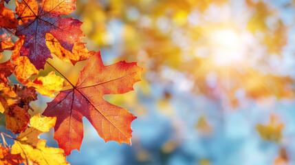 Autumn leaves on the background of the sun. Colorful fall foliage frame border with bright seasonal maple leaf colors, yellow and red nature bokeh in october sunshine light.