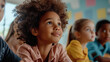 © remake - Little african american girl with afro hairstyle in classroom. Cute, cheerful, young child elementary school education, learning together with classmates, childhood happiness and joy.