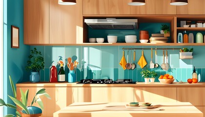 Wall Mural - Modern kitchen with oscillating cleaning solution application, emphasizing prevention in a bright and clean digital illustration