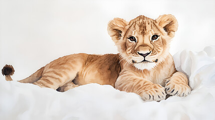 Watercolor Illustration of a Lion Cub Resting