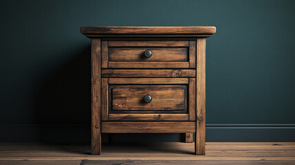 Rustic wooden nightstand with two drawers against a dark wall in a cozy interior setting