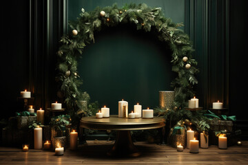 Wall Mural - Christmas podium displaying with christmas trees, gift boxes and candles illuminating a dark green wall for product placement. Ideal for business events or promotions, with space for text or products